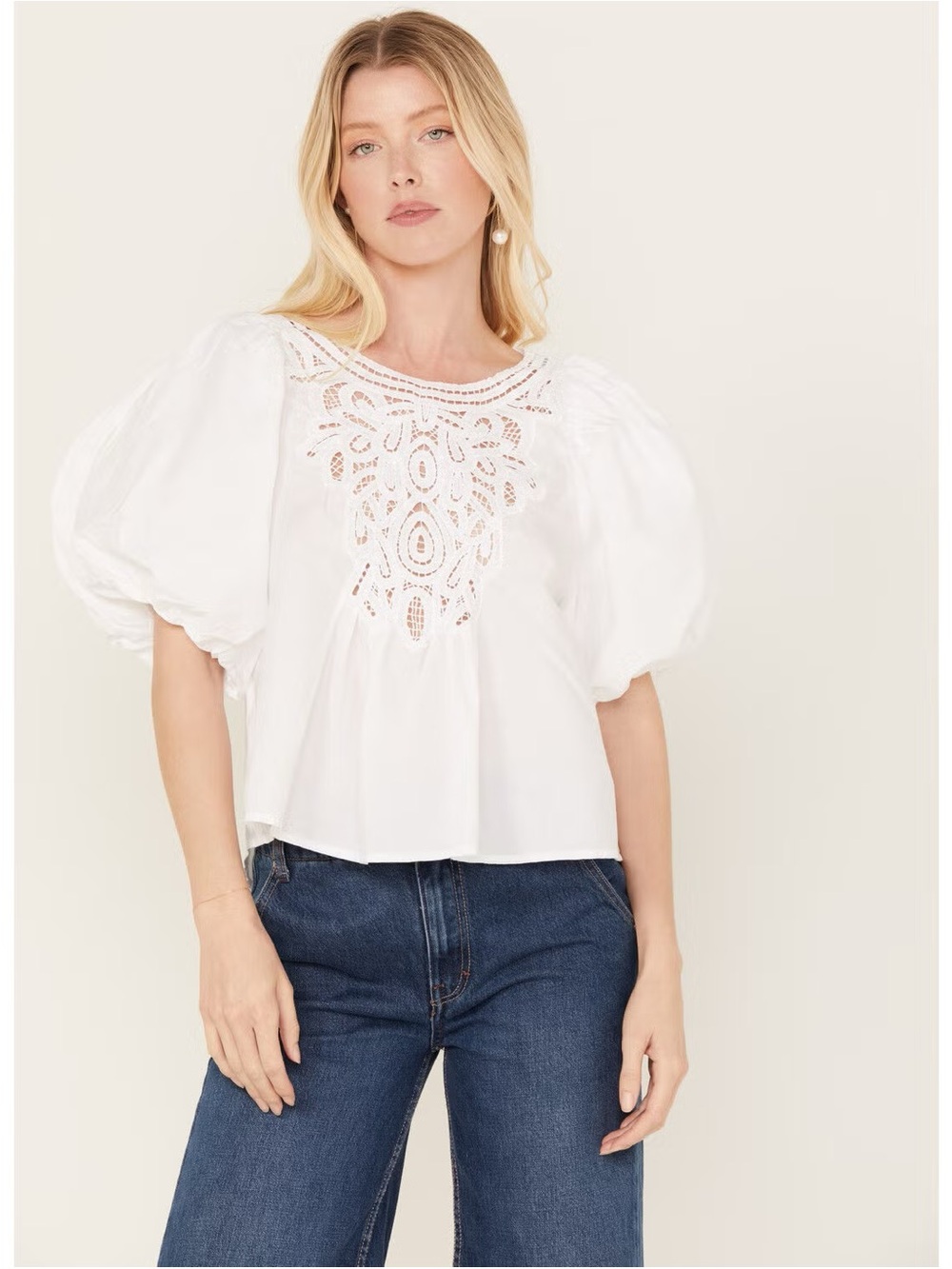 Free People White Eyelet Lace Puff-Sleeve Blouse